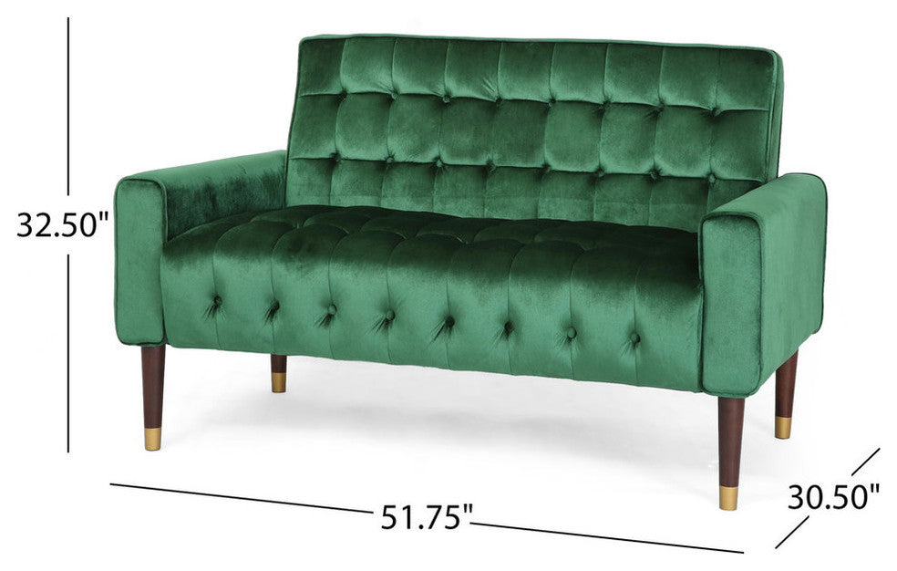 Aubrie Tufted Velvet Loveseat With Gold Tipped Tapered Legs, Emerald, Gold Finish