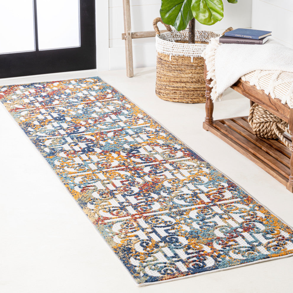 Cetara Ornate Trellis Indoor/Outdoor Area Rug, Cream/Blue/Orange, 2 X 8