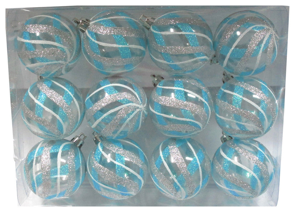 Clear Ball Ornament With Aqua, Silver And White Swirls Design, 12-Pack
