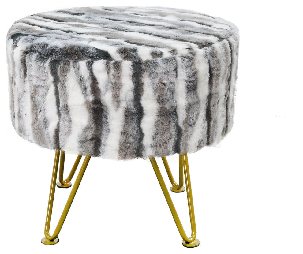 Multi Jacquard Faux Fur Round Ottoman, Grey, 18"x18"x8"