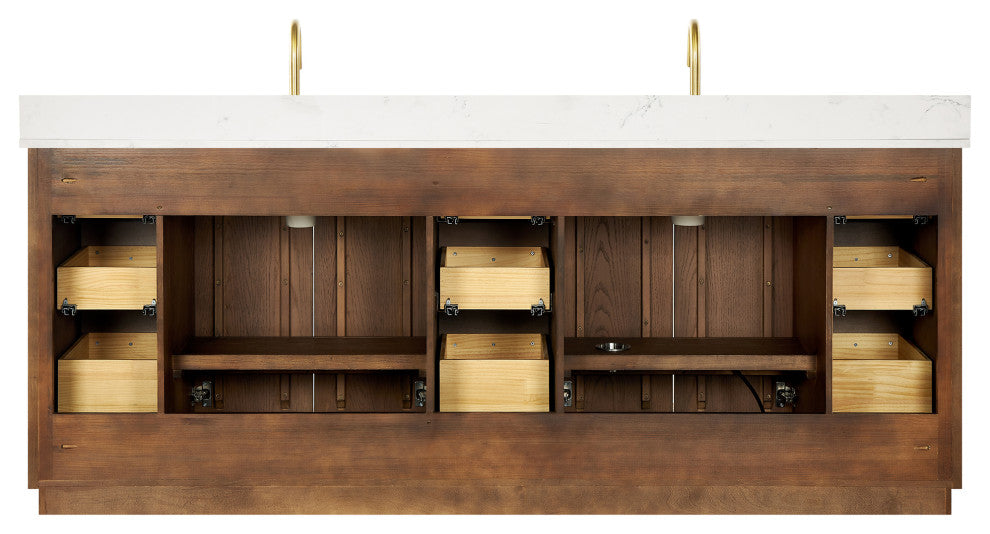 Oza Bath Vanity with Quartz Stone Top, Aged Dark Brown Oak, 84", Double Vanity, No Mirror