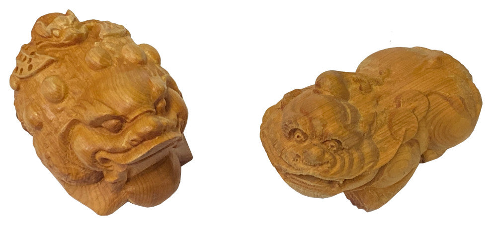 Chinese Pair Wood Carved Mini Mythical Pixiu FengShui Figures Hws2367