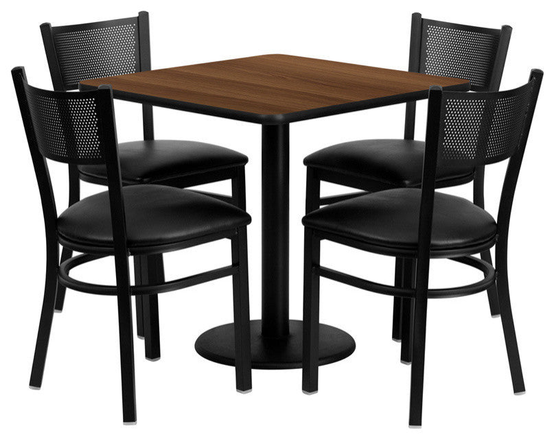30'' Square Walnut Dining Laminate Table Set, 4 Grid Back Metal Chairs