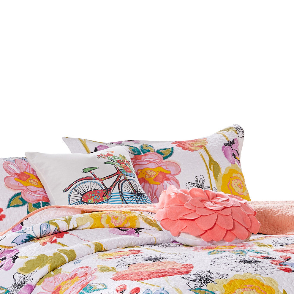 Benzara BM280417 Mavi 4 Piece Reversible Twin Quilt Set, Floral Print