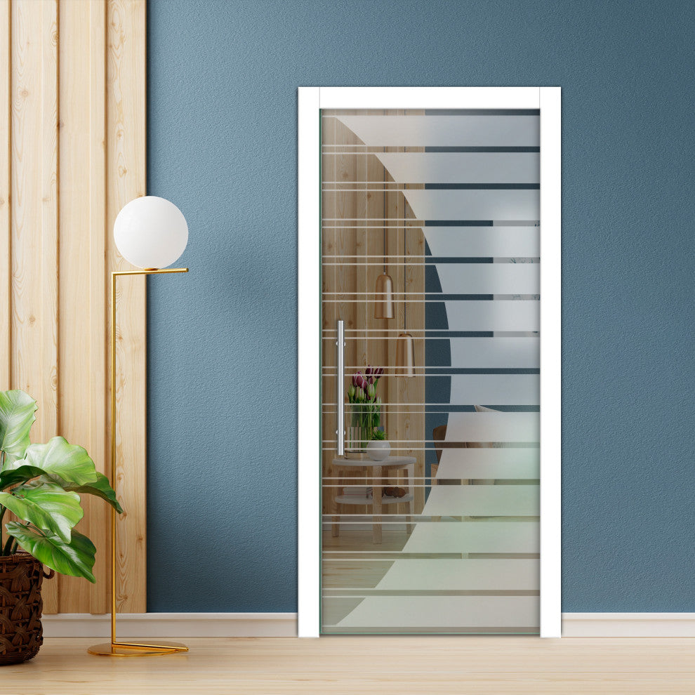 Frameless Pocket Sliding Glass Door, Sandblasted Design, 32"x80" Inches, T-Handle Bar, Semi-Private