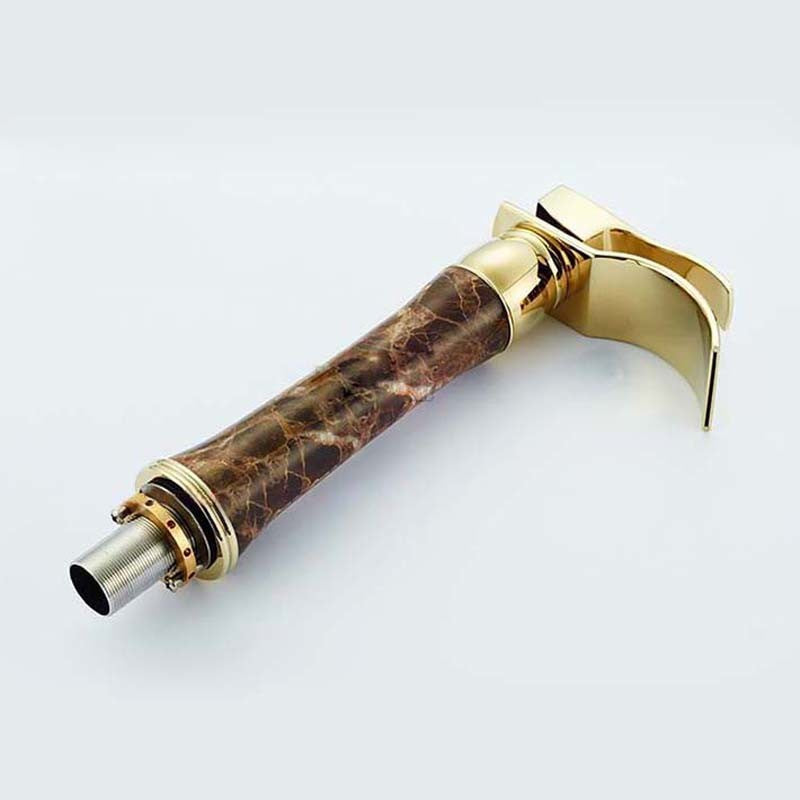 Apulia Jade Marble Single Handle Gold Deck Mounted Waterfall Bathroom Faucet