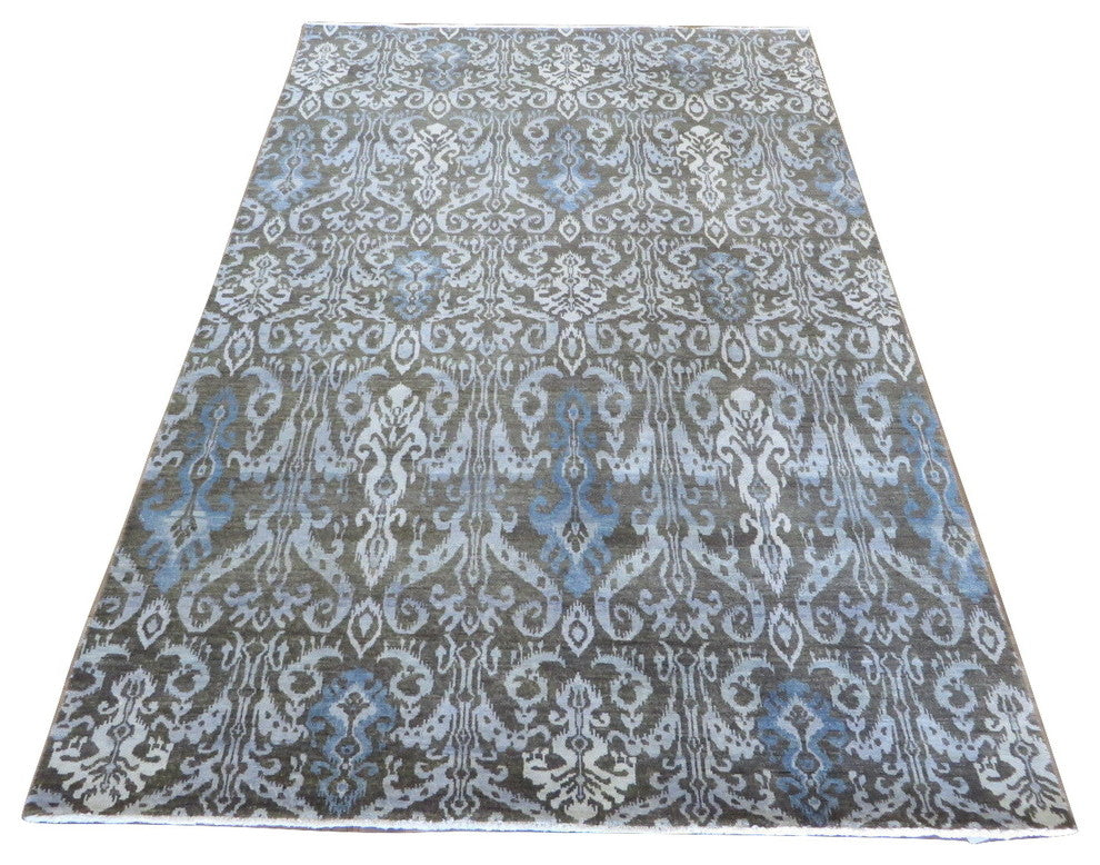 6x9'3 Handmade Chocolate Brown Ikat Peshawar Oriental Rug