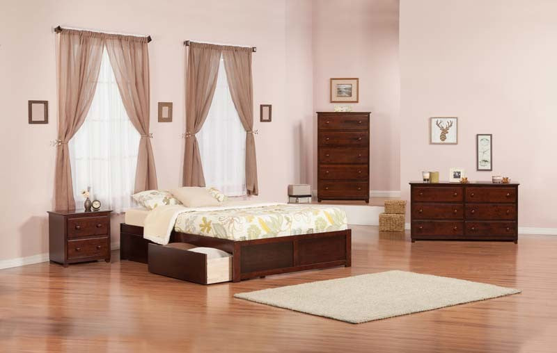 Concord Flat Panel Footboard With 2 Urban Bed Drawers, Antique Walnut, Queen
