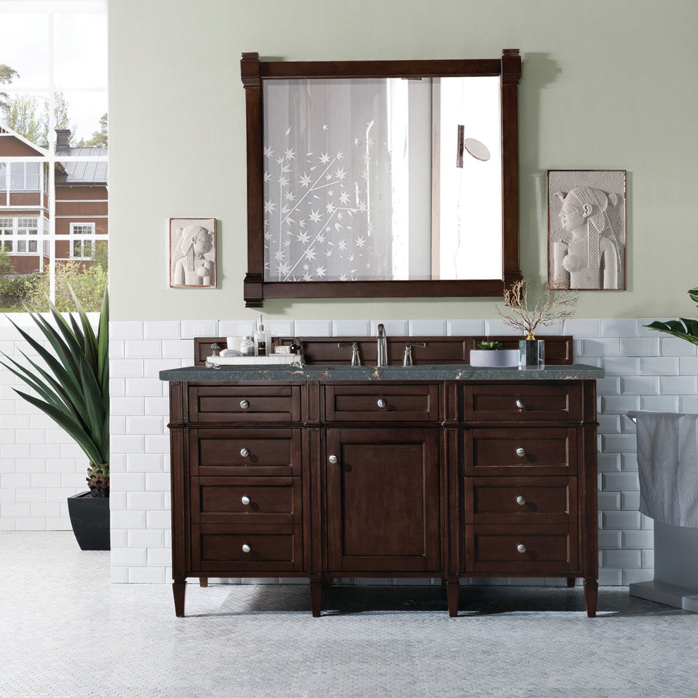 Brittany 60" Single Vanity, Burnished Mahogany, Parisien Bleu Quartz
