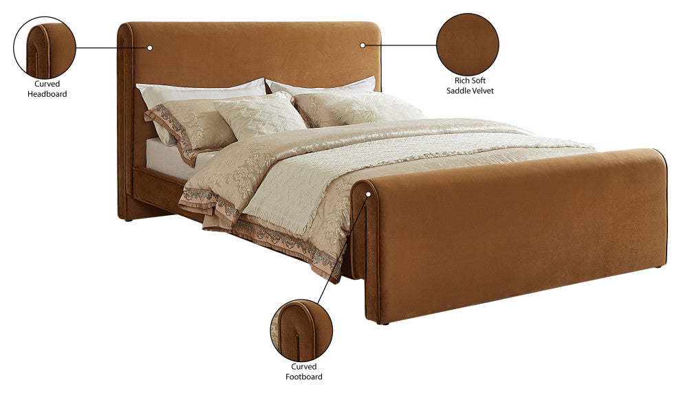 Sloan Black Velvet Full Bed, Saddle, Queen