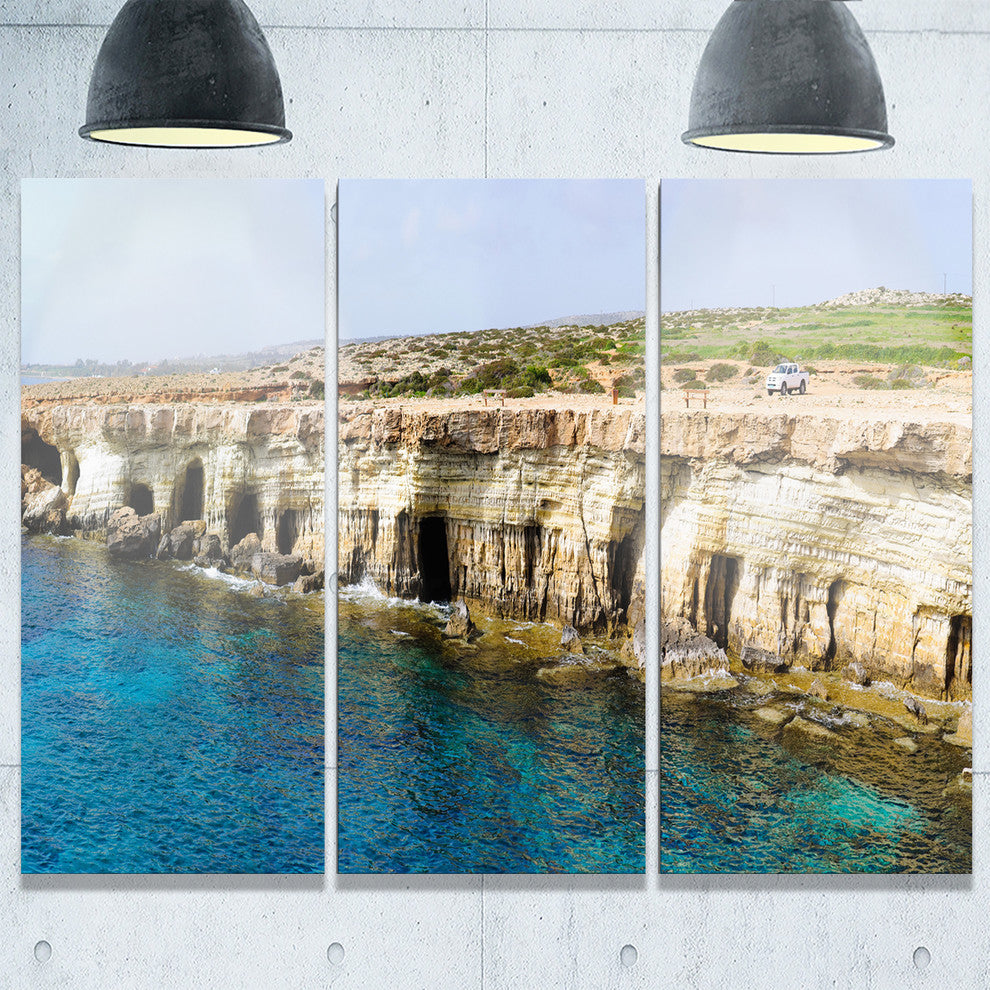 "Sea Caves near Cape Greko Panorama" Metal Wall Art, 3 Panels, 36"x28"