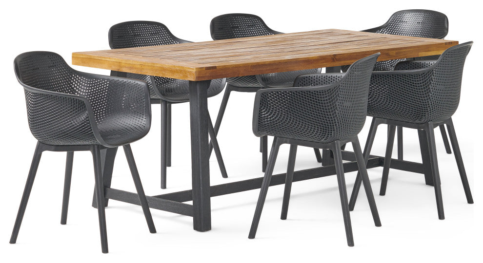 Trinity Outdoor Wood and Resin 7 Piece Dining Set, Black and Sandblasted Teak