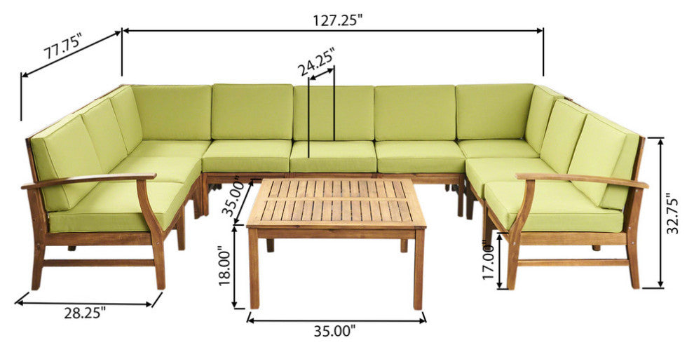 GDF Studio Judith Outdoor 9 Seater Sectional Sofa Set With Cushion, Teak/Green