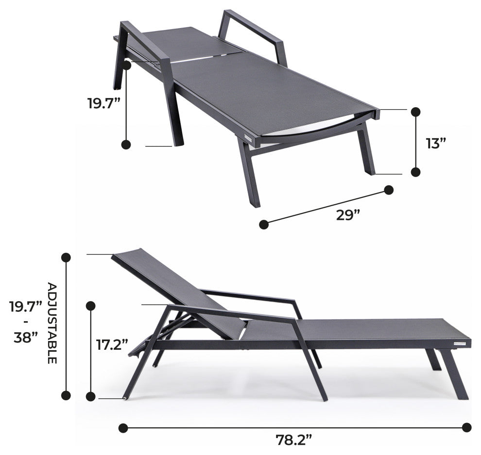 LeisureMod Marlin Outdoor Patio Stackable Chaise Lounge Chair with Arms Set of 2, Black