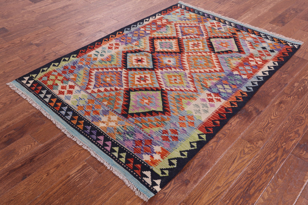 4' 3" X 6' 0" Reversible Flat Weave Kilim Wool On Wool Rug Q9488