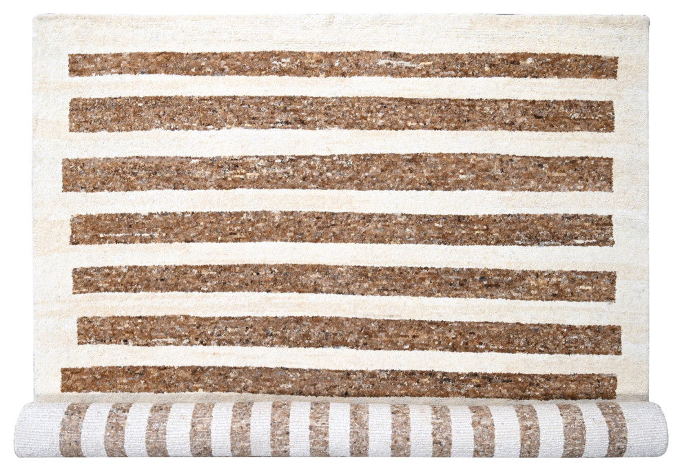 Brown Wool Minimalist Stripe Design Hand Knotted Oversized Rug 12'2"x14'10"