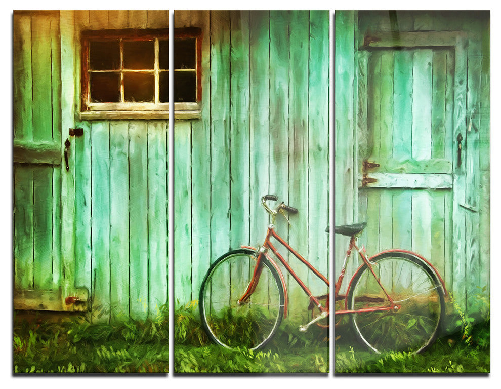 "Old Bicycle against Barn" Photo Metal Wall Art, 3 Panels, 36"x28"