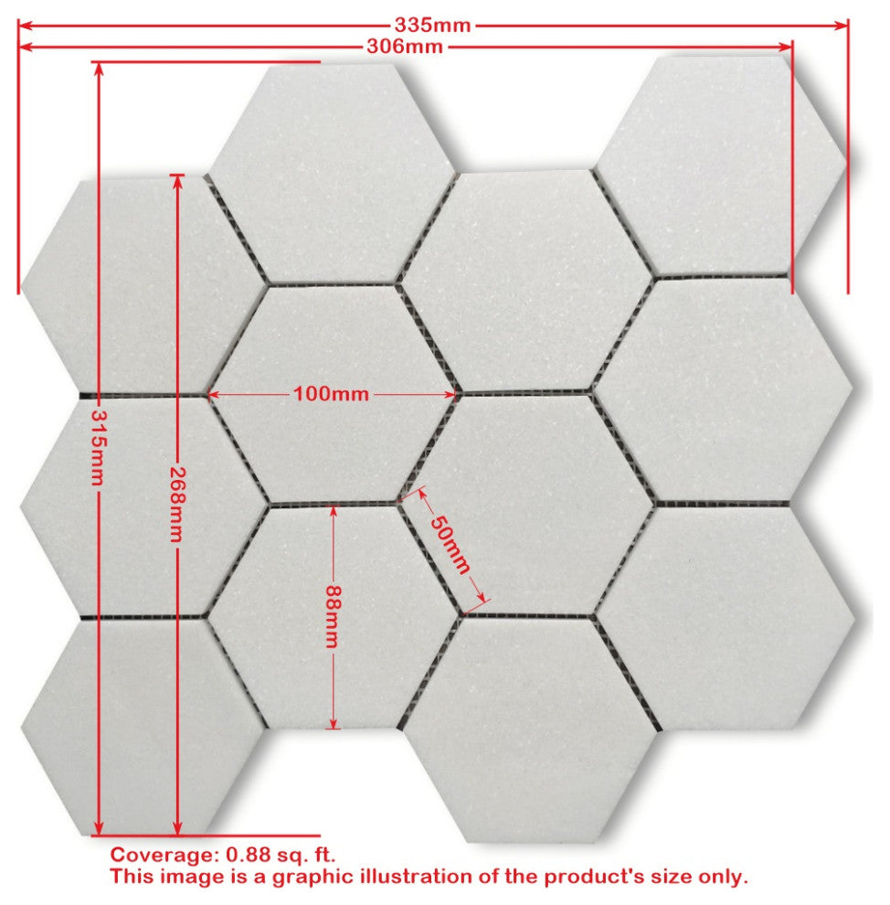 4" Honed Hexagon Carrara White Venato Carrera Marble Mosaic Floor Tile, 1 sheet