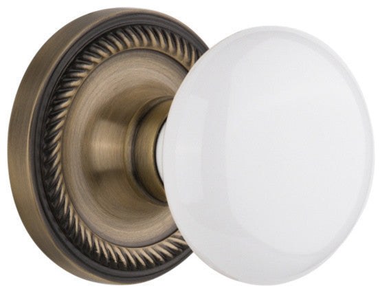 Rope Rosette Passage White Porcelain Knob, Antique Brass