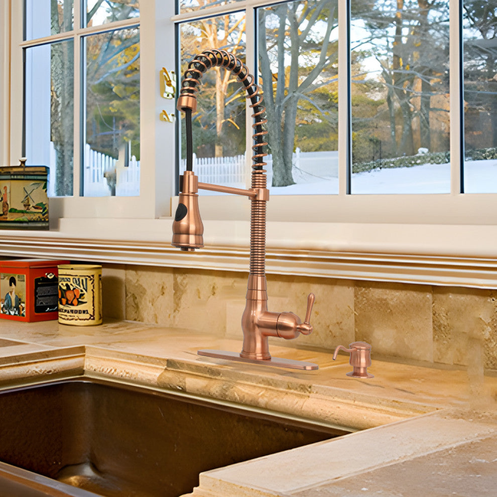 Copper Pre-Rinse Spring Kitchen Faucet with Pull Down Sprayer, Copper