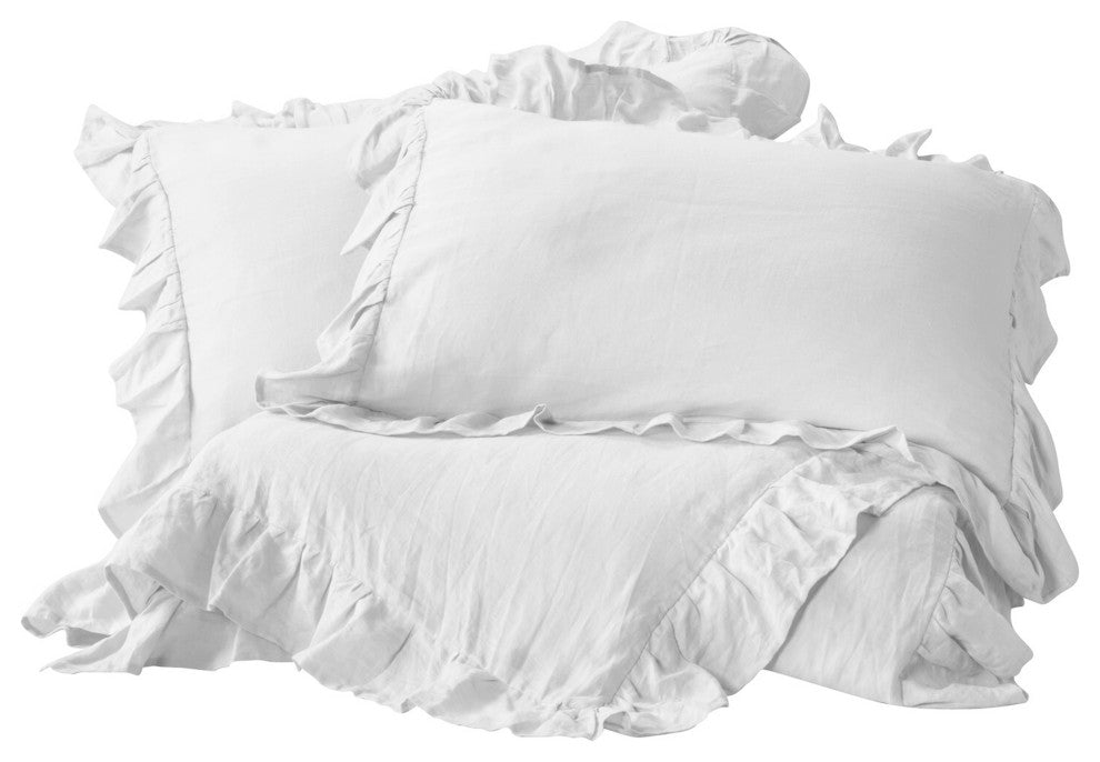 Organic Cotton 300 TC GOTS Certified 8 Internal Ties Ruffled Duvet Set, White, King(108"x92")