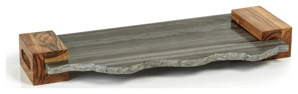 Catania Gray Marble Tray with Wood Handles