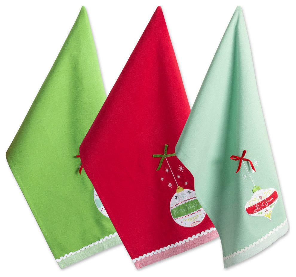 Assorted Holiday Ornaments Embellished Dishtowel, Set Of 3