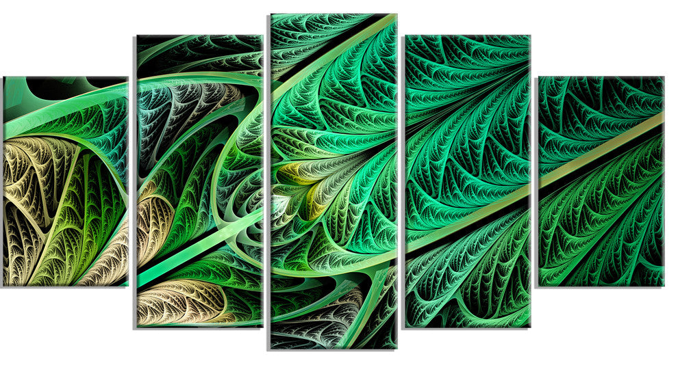 Green on Black Fractal Stained Glass, Abstract Canvas Art, 60"x32", 5 Panels