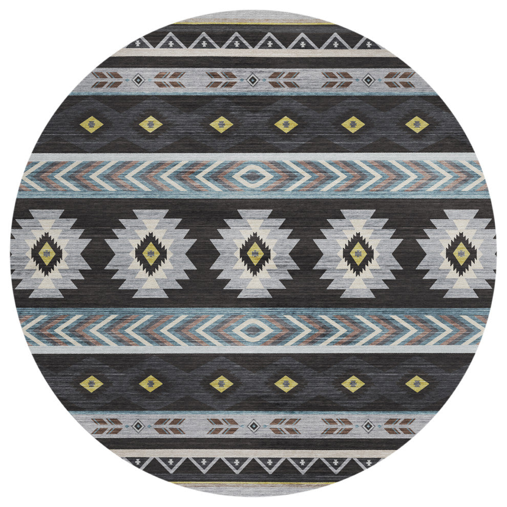 Indoor/Outdoor Phoenix PH3 Black Machine Washable 8' x 8' Round Rug