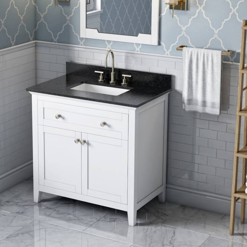 Chatham Traditional 36" White Single Sink Vanity, Black Granite Vanity Top