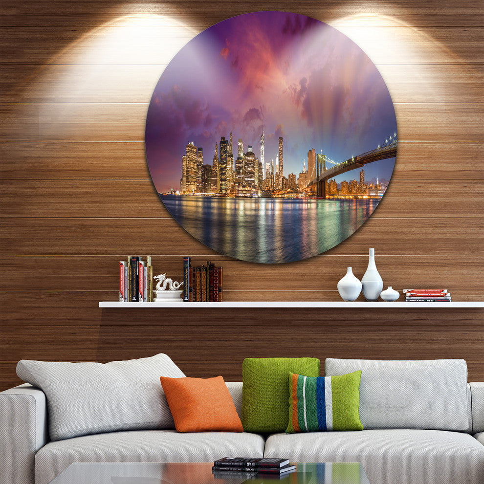 New York Manhattan Skyline With Clouds, Disc Metal Wall Art, 36"