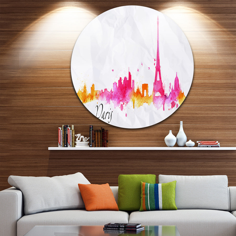 Paris Pink Silhouette, Cityscape Painting Round Metal Wall Art, 23"