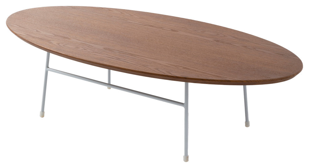 LeisureMod Rossmore Oval Coffee Table With White Steel Frame, Walnut