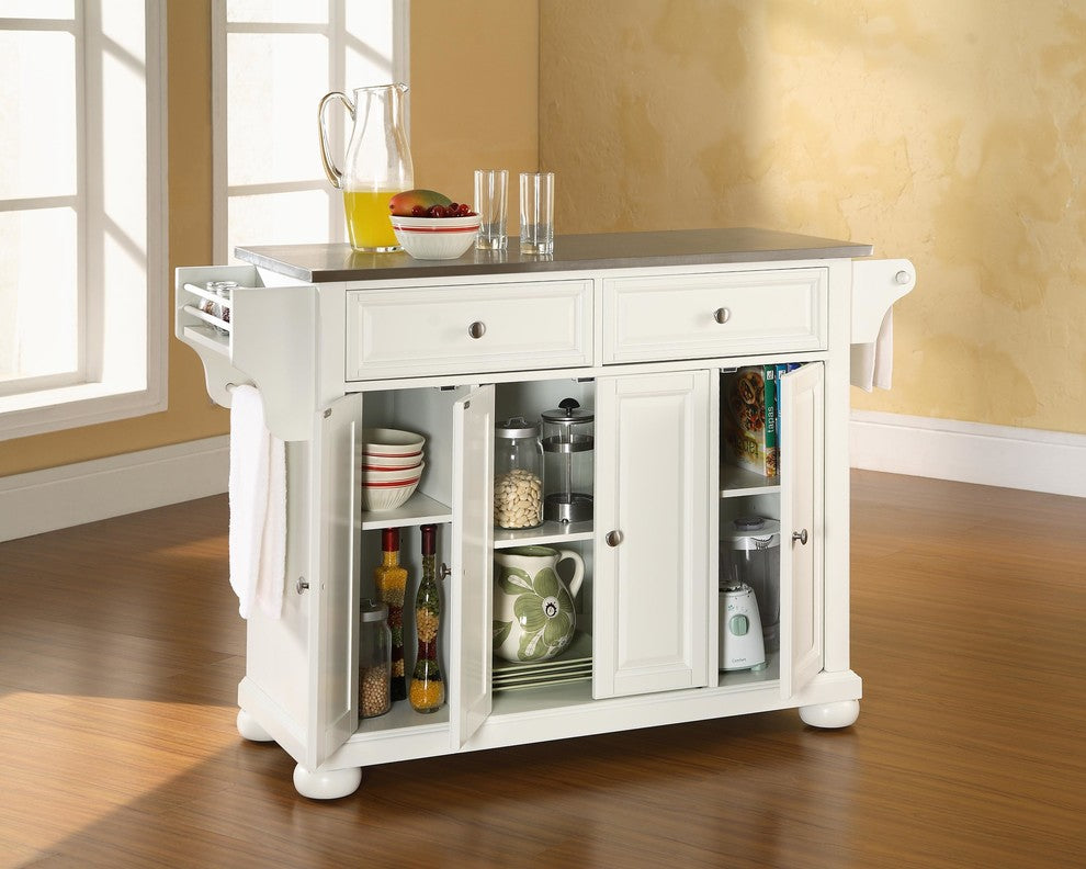 Alexandria Stainless Steel Top Kitchen Island, White Finish