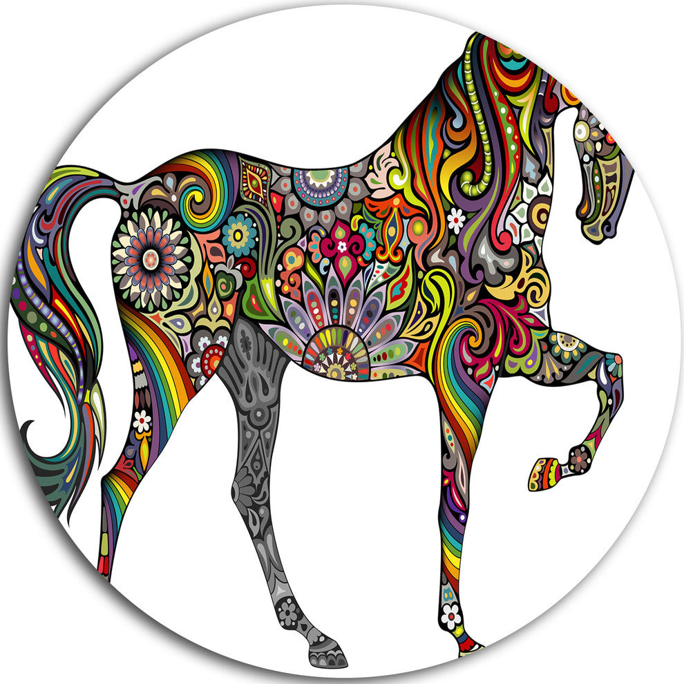 Rainbow Patterned Horse, Animal Digital Art Disc Metal Wall Art, 11"