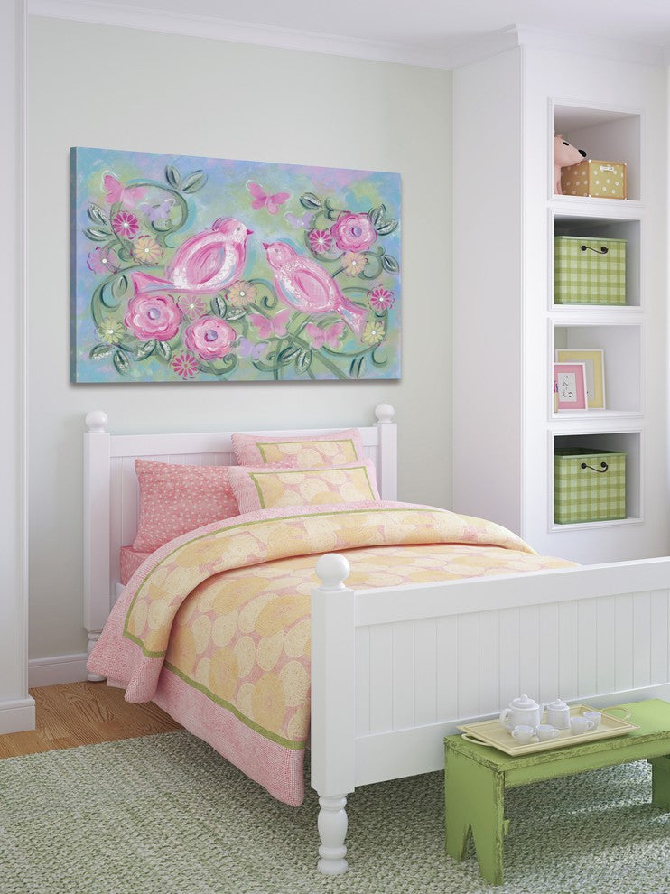 "Birds in Garden" by Reesa Qualia Painting Print Wrapped Canvas, 60x40