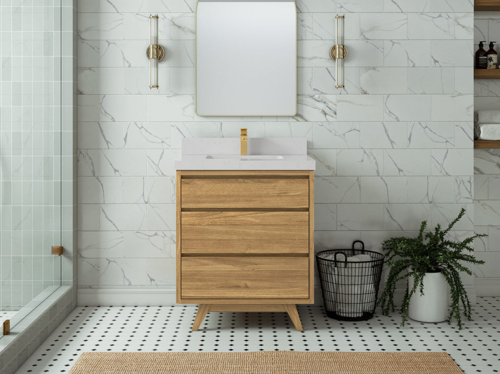 Madison Teak 30 Single Sink Bath Vanity in Light Natural 2" Carrara Quartz