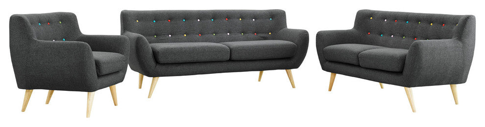 Modern Contemporary Living Room 3-Piece Set, Gray, Fabric, Plywood