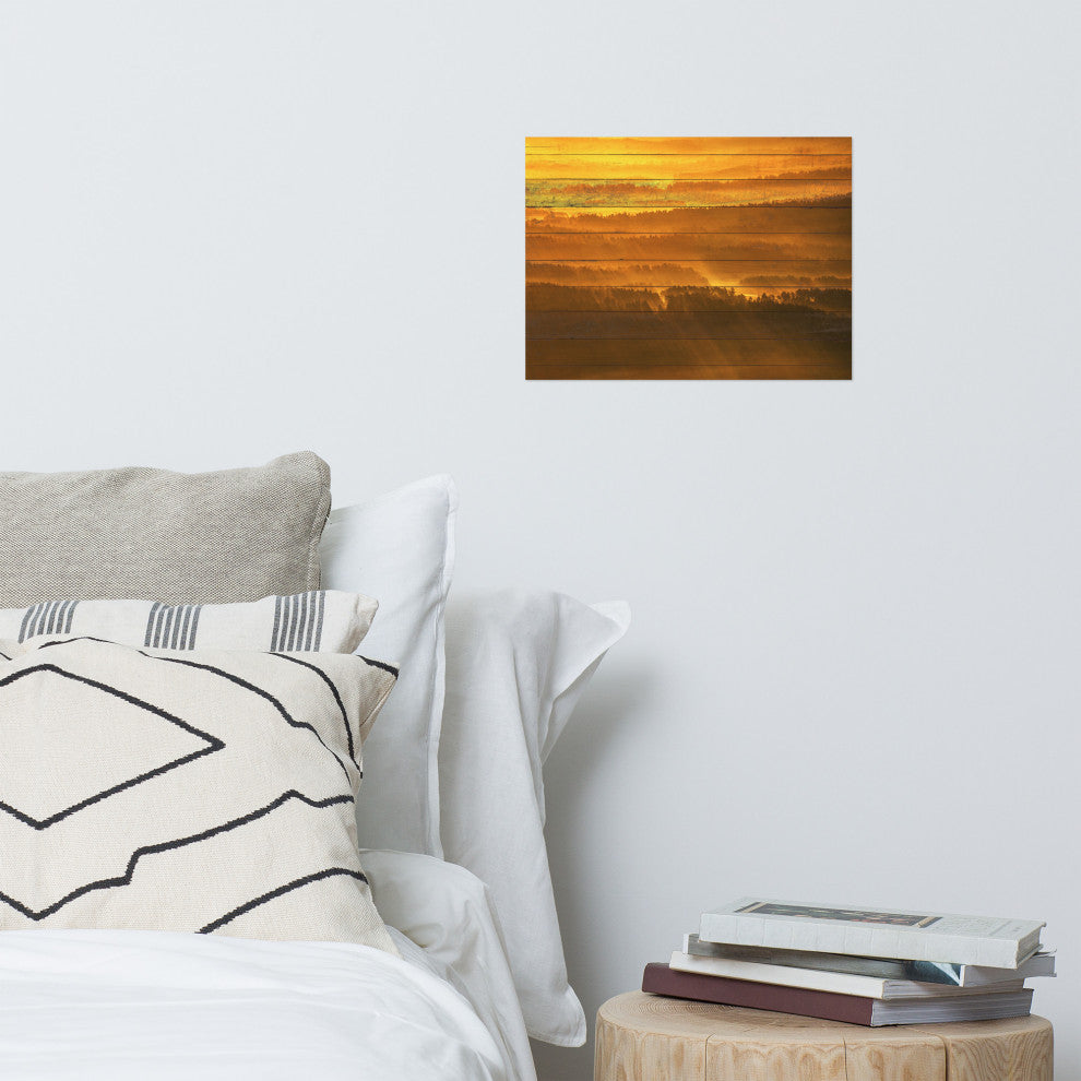 Faux Wood Golden Mist Valley - Hills & Mountain Range Wall Art Prints, 12" X 16"