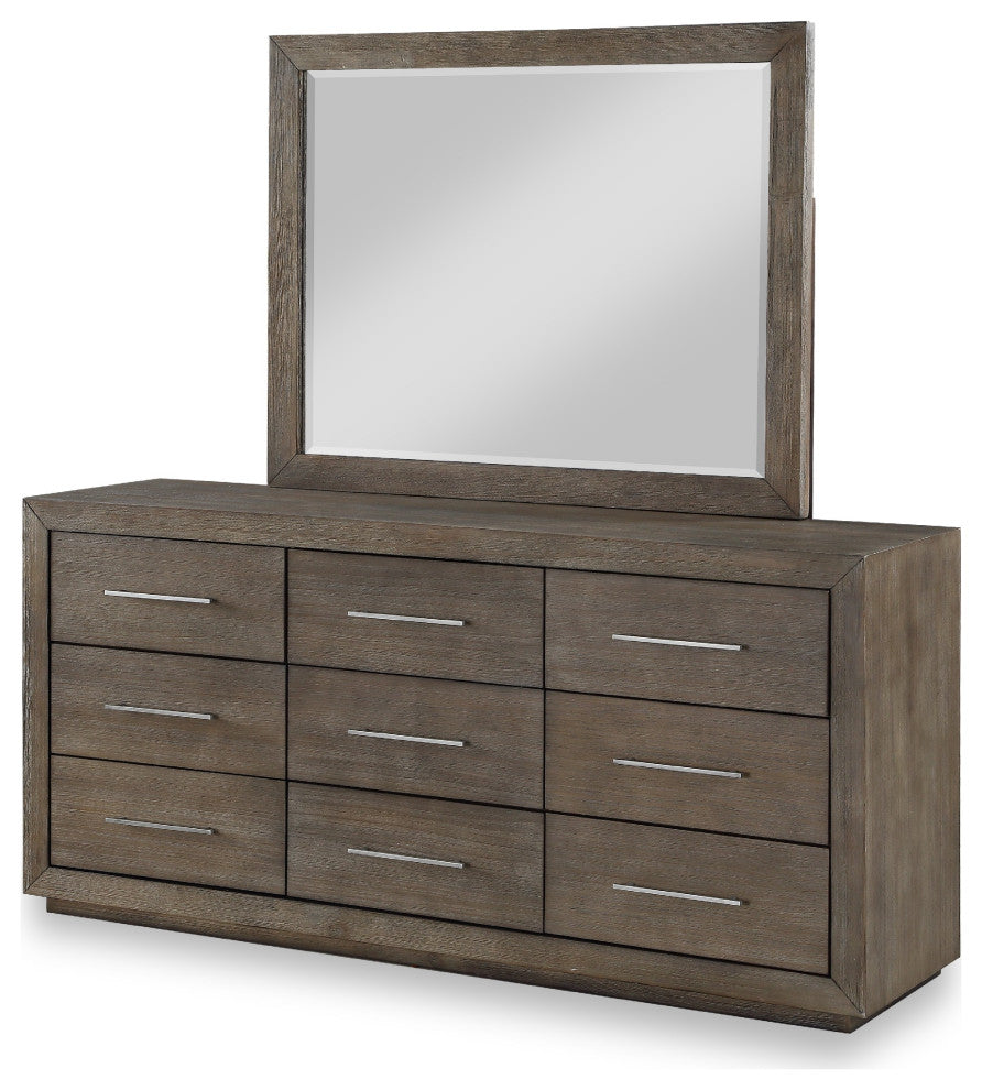 Benzara BM273405 9 Drawer Wood Dresser With Bar Handles, Distressed Taupe Brown