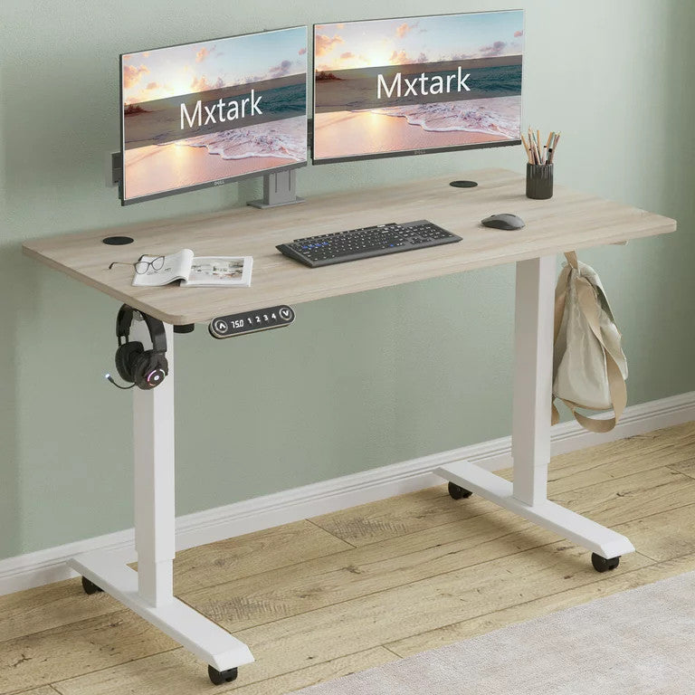 Electric Adjustable Desk, White Iron Legs With Oak Finished Top & Headphone Hook