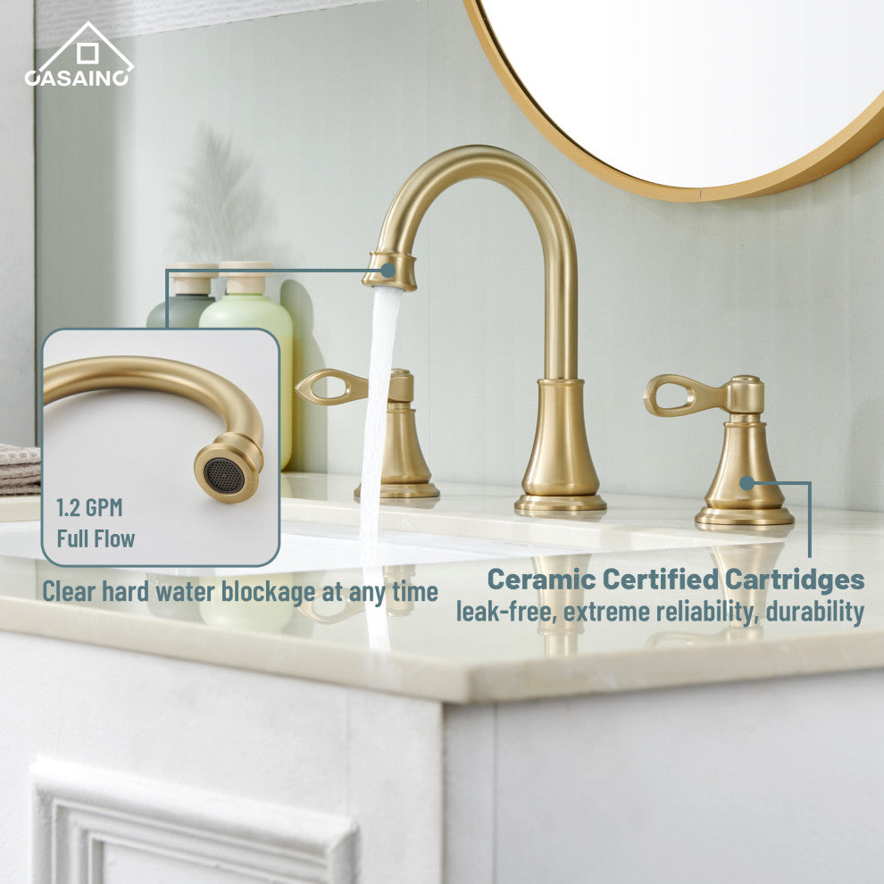 8in Brass Bathroom Sink Faucet 3 Hole Gold Bathroom Faucet 2 Handle Gold Faucet, Brushed Gold