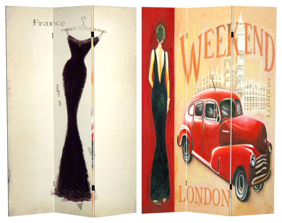 6' Tall Double Sided Vintage Weekend Canvas Room Divider, London