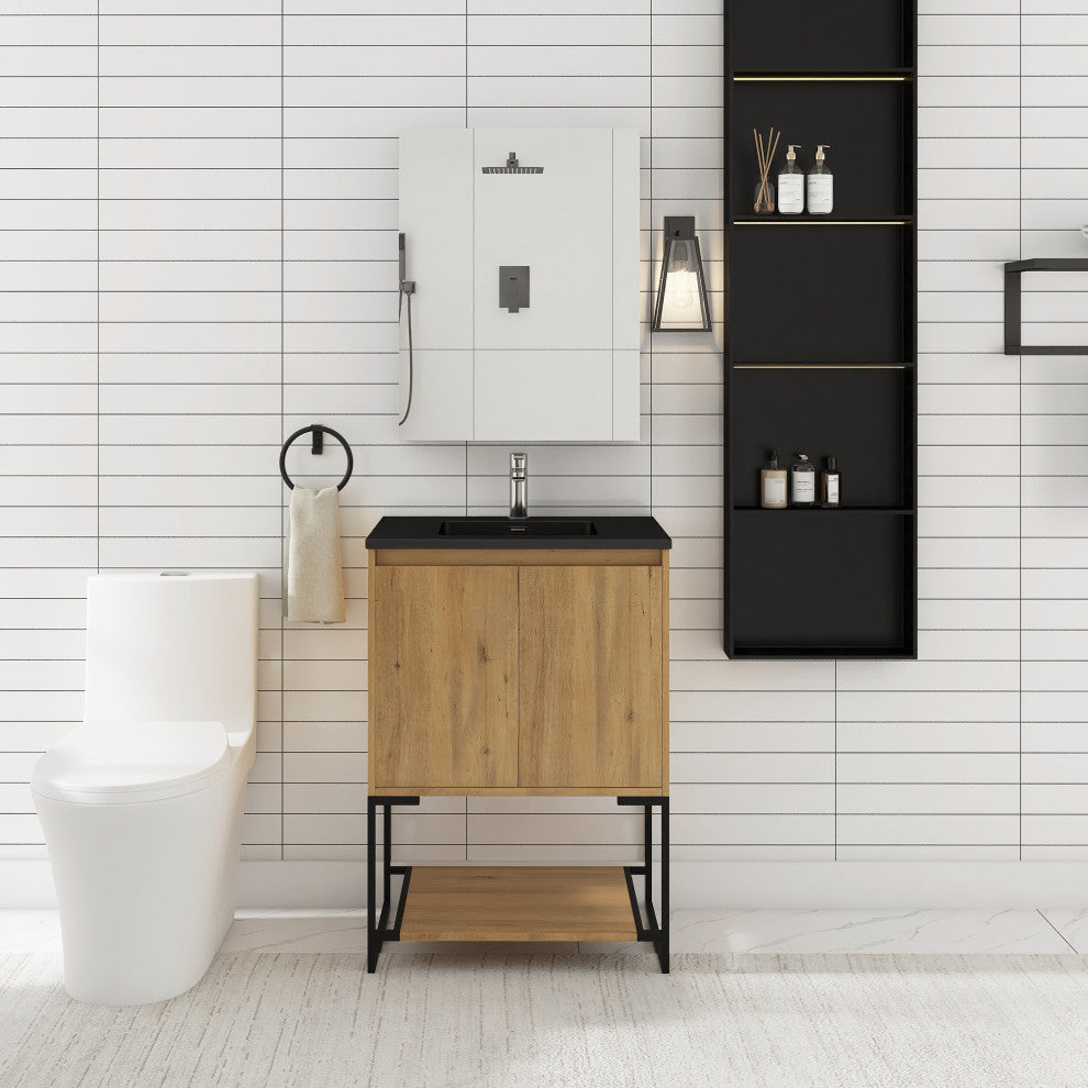 24" Freestanding Bath Vanity, Black Quartz Top, Oak