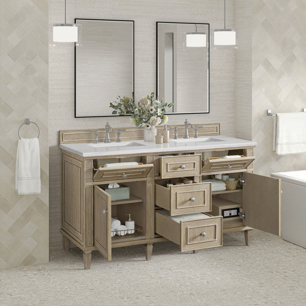 Lorelai 60" Double Vanity, Oak, 3 CM Arctic Fall Solid Surface Top