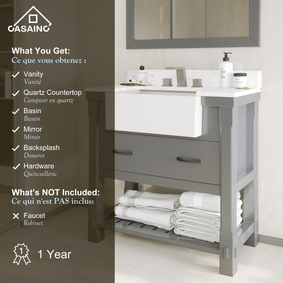 Bathroom Vanity, White Carrara Marble Top,with Sinks,Solid Wood Cabinets, 36in