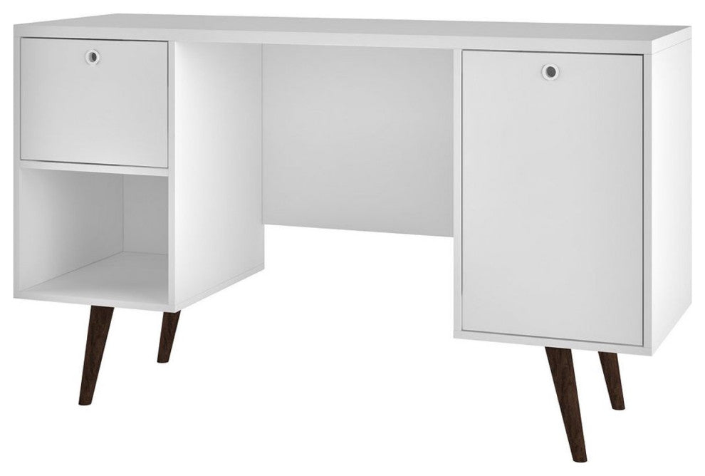 Mid Century Modern Desk, Angled Legs With 2 Open Compartments & 2 Drawers, White