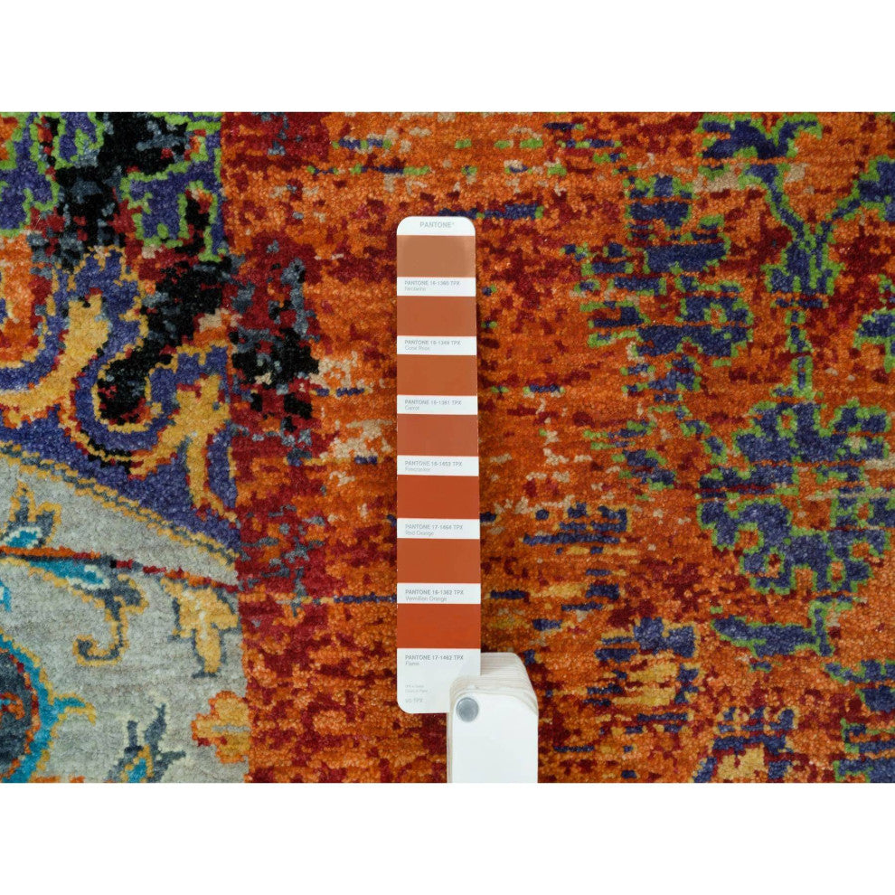 Orange Wool Hand Knotted Ancient Ottoman Erased Design Square Rug 10'2"x10'2"