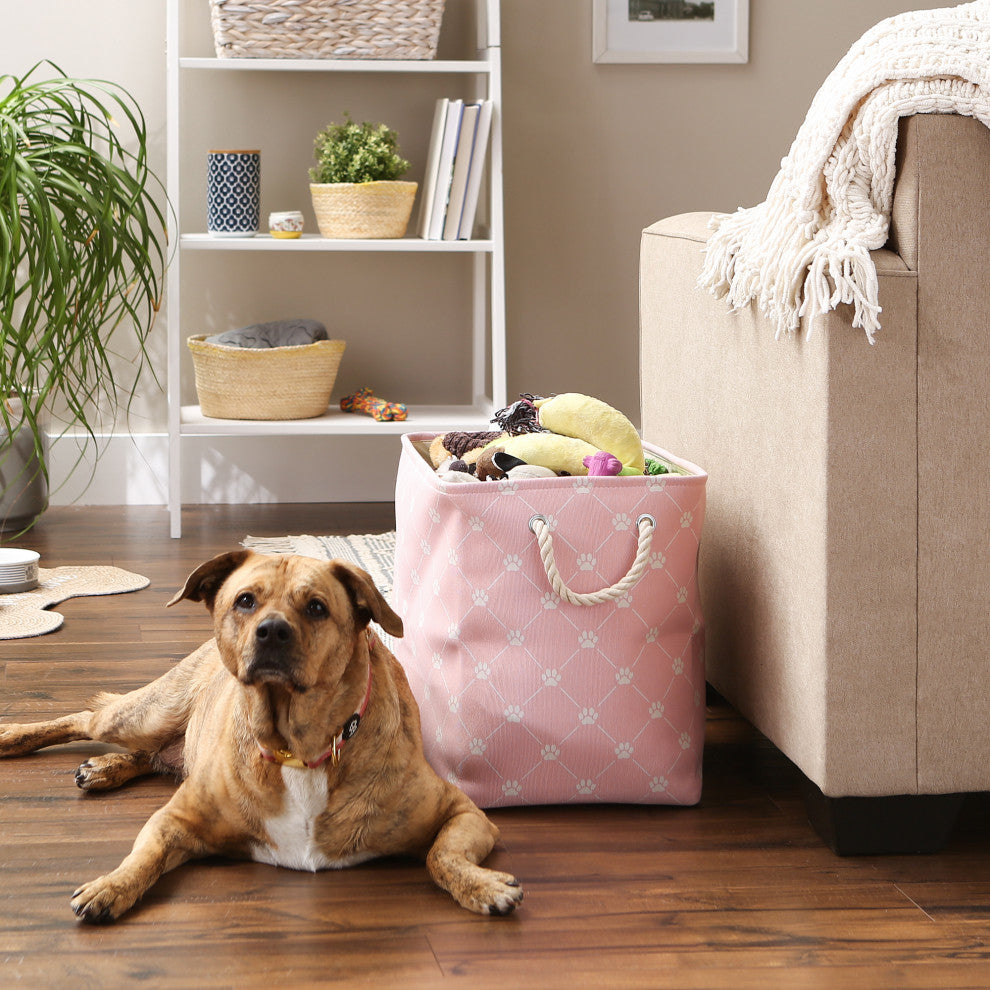 Polyester Pet Bin Trellis Paw Pink Rectangle Large 17.5x12x15