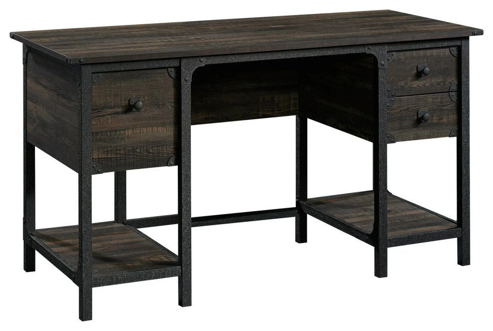 Industrial Desk, Double Pedestal Design With Drawers & Open Shelves, Carbon Oak